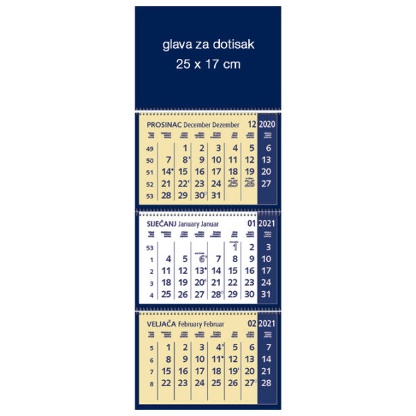 Kalendar zidni trodijelni 2026. s 3 spirale plavi - Slika 2
