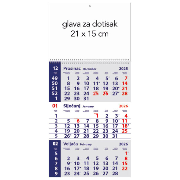 Kalendar zidni trodijelni mali 2026.-3 mjesec/listu, spirala
