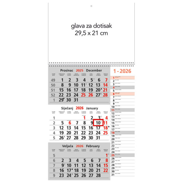 Kalendar zidni trodijelni 2026. memo sa spiralom