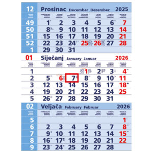 Kalendar zidni trodijelni plavi - nespiralirani