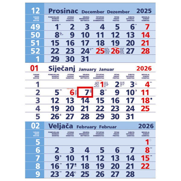 Kalendar zidni trodijelni plavi - nespiralirani