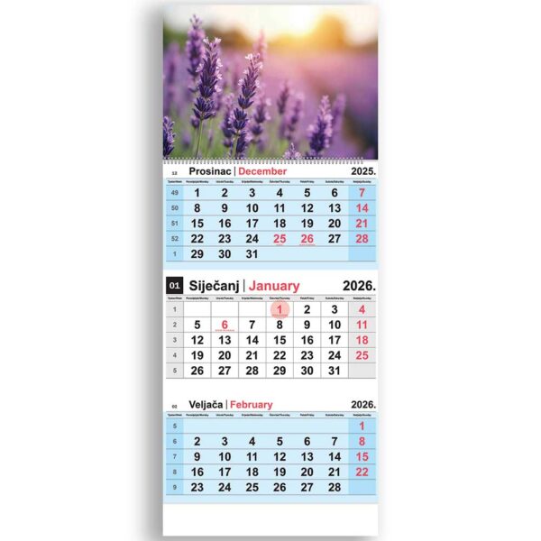 Kalendar zidni NN trodijelni lavanda 2026.