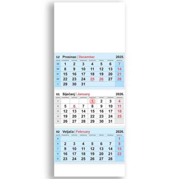 Kalendar zidni NN trodijelni preklopni 2026.