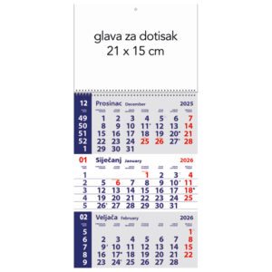 Kalendar zidni trodijelni mali 2026.-3 mjesec/listu, spirala!!