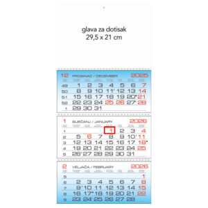 Kalendar zidni trodijelni 2026.-3 bloka, preklopni!!