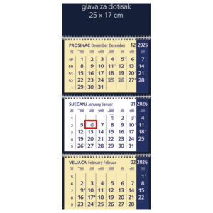 Kalendar zidni trodijelni 2026. s 3 spirale plavi!!