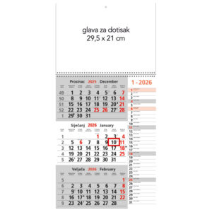 Kalendar zidni trodijelni 2026. memo sa spiralom!!