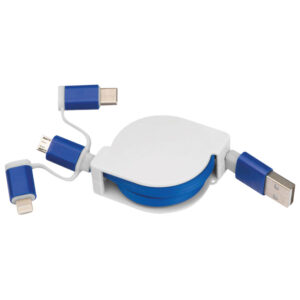 Kabel za punjenje uvlačni USB sa 3 konektora plavi