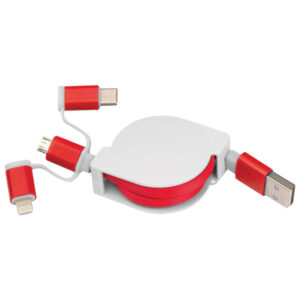 Kabel za punjenje uvlačni USB sa 3 konektora crveni