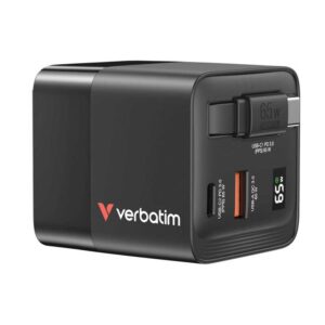 Punjač zidni Verbatim GaN, 65W, USB-C kabel na izvlačenje + 1×USB-A + 1×USB-C