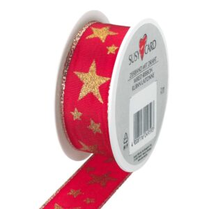 Vrpca kolut 2 m x 25 mm, tekstil, sa žicom, crvena, zvjezdice zlatne2, Herlitz