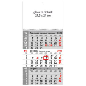 Kalendar zidni trodijelni 2027. sa spiralom sivi