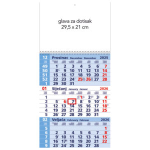 Kalendar zidni trodijelni 2027. sa spiralom plavi
